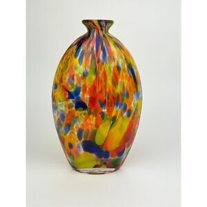 Vintage 70s Splatter Multicolor Glass Vase 10 1/2” X 6 1/4”  Vibrant BH2390